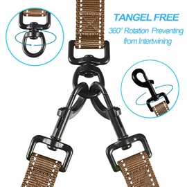 PetBonus Double Dog Leash, No Tangle Dual Leash, Reflective Walking Training Lead, 4 Comfortable Padded Handles for 2 Dogs with Collapsible Bowl and Waste Bags (Brown, Large)