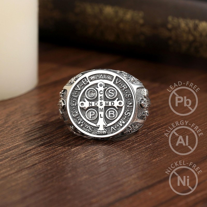 Vito S925 Sterling Silver Saint Benedict Ring for Women Men,