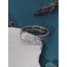 NAVISAFIRA Full Moissanite 1CT Marquise Cut 2pcs Ring Sets S925 Sterling Silver Contoured Band Asymmetric 3 Stones Stackable Bridal Women, 5, Silver, Moissanite