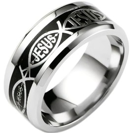Jude Jewelers 8mm Stainless Steel Jesus Fish Style Christian Religious Wedding Band Ring (Silver Black, 11)