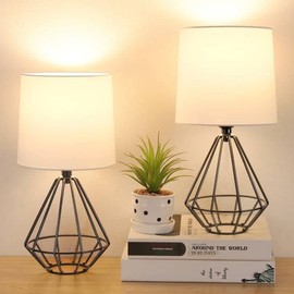 GGOYING Set of 2 Table Lamp, Modern Bedside Lamp with Simple Black Metal Base, White Fabric Shade for Nightstand Bedroom Living Room Office Working Reading (Bulb not Included)