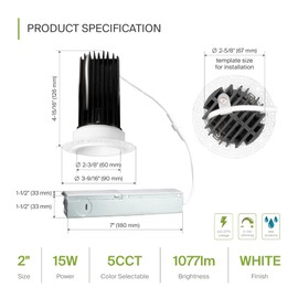 ASD Trimless 2 Inch LED Recessed Lighting, 15W 120-277V Commercial Downlight, Canless Dimmable Lights for Ceiling with J-Box, 5 CCT 2700K-5000K, CRI 90+, IC Rated, ETL, Energy Star, White