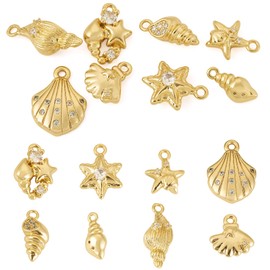 8 Pcs 18K Gold Plated Cubic Zirconia Charms for Permanent Jewelry Pendants Ocean Theme Conch Shell Starfish Crystal Charm for Summer Surfing Bracelet Necklace Jewelry Making