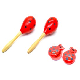 Adult Maracas and Castanets made of wood. Complete musical set from Spain, colour of dots, Spanish traditional colours, Rumba shaking, hand knocking