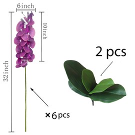Sumupa Artificial Phalaenopsis 6 Pcs Artificial Flowers Fake Orchid Flowers Stem Plants with 2 Pcs Leaves for Décor (Purple Spot)