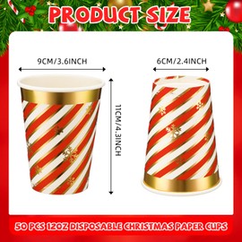 Layhit Disposable Christmas Cups 12 oz Candy Cane Striped Design with Gold Foil and Scattered Snowflakes Christmas Coffee Cups Holiday Paper Cups for Cold Beverage Xmas Party(50 Pcs)