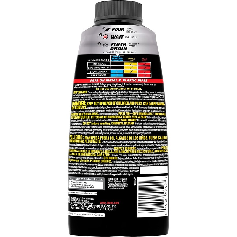 Drano Dual-Force Foamer Clog Remover, Commercial Line, 17 oz