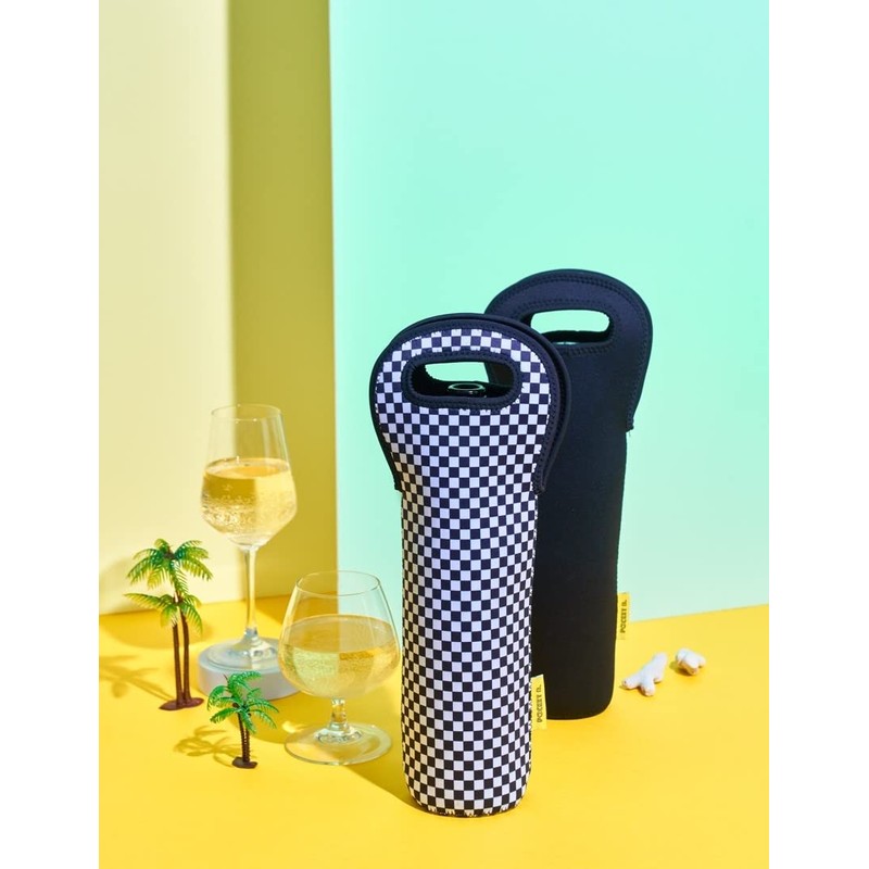 Single Wine Carrier Tote Bag (Checkered) (black white)