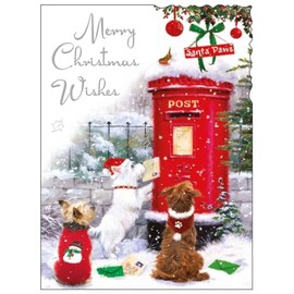 General Christmas Card - Dogs and Post Box in the Snow - Artistic Festive Design - Special Finishes and Illustrated Insert Leaf - Made in the UK