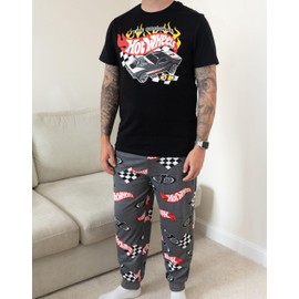 Hot Wheels Mens Pajama Set | Adults Race Car Graphic Short Sleeve Top & Long Leg PJ Bottoms in Black & Grey | The Original Hotwheels Flame Logo Print Nightwear | Model Toy Cars Merchandise Gift
