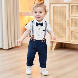 CARETOO Baby Suits For Boys Baby Boy Outfits Baby Tuxedo Dress Shirt/Bowtie/Suspender Pants Set Navy Blue 6-12months