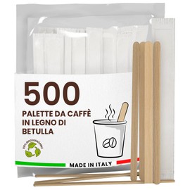 500 Disposable Birch Wood Coffee Pallets Individually Wrapped Biodegradable and Compostable Heat Resistant for Mixing Coffee and Drinks Made in Italy