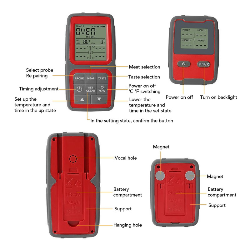 500ft Wireless Meat Temperature Meter High Accuracy LCD Backlit Temperature