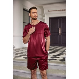 Ekouaer Men Satin Pajamas Set 2 Piece Silk Sleepwear Shorts Button Down Tops Loungewear with Pockets Wine Red
