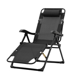 Athena Collection Patio Lounge Chair Outdoor Furniture Foldable Beach Chair Fabric Chaise Lounge Nap Chair Reclining Camping Chair Lawn Chair with Headrest for Outside, Poolside, Garden, Black