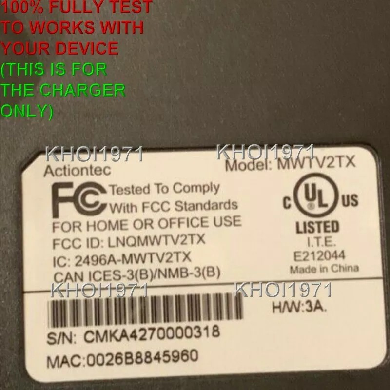 KHOI1971 WALL AC adapter for Actiontec MyWirelessTV2 HD HDMI Wireless
