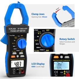 SURLABA Bluetooth Clamp Meter, Digital Multimeter AC DC TRMS 6000Count, Voltage Current Tester APP Supported, Auto Range NCV Volt Amp Capacitance Resistance Temperature Continuity Diode Frequency Test