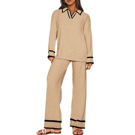 BTFBM Womens 2 Piece Outfits Fall Winter 2024 Long Sleeve V Neck Sweater and Wide Leg Pants Lounge Sets Knit Tracksuits(Solid Khaki, Large)