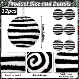 Syhood 12 Pcs Black and White Candy Christmas Ornaments 2.36'' Fluff Peppermint Christmas Ornaments Decoration Candy Ball for Tree Decoration Bowl Basket Vase Fillers