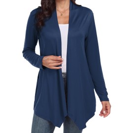 QIXING Lightweight Cardigan Women's Long Thin Jacket Women's Elegant Cardigan with Pockets with Soft Draped Ruffles, 03 Navy