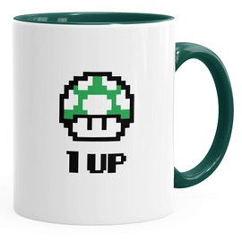 Kaffee-Tasse Geburtstag Retro Pixel-Pilz 1-Up-Pilz Level-Up Gaming Konsole 90er MoonWorks® grün unisize