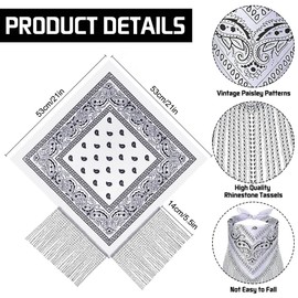 KABAKE 2 Pcs Cowgirl Fringed Bandana Rhinestone Fringe Paisley Scarf Wedding Bride Accessories for Disco Bachelorette Party, White and Brown
