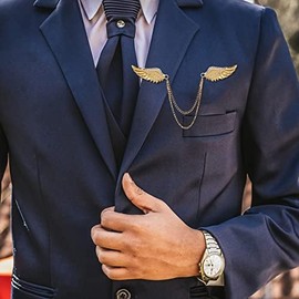 2PCS Angel Wings Tassel Chain Brooch Collar Pins,Rhinestone Metal Feather Lapel Pin, Suit Coat Breastpin for Women Men's Accessories (Gold)