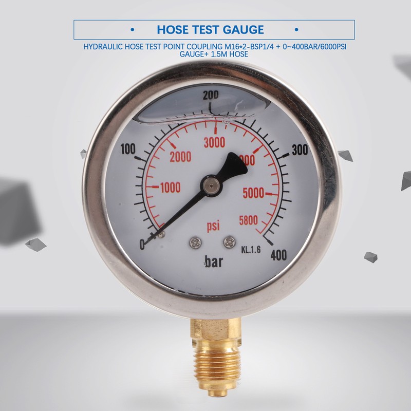 Hydraulic Hose Test Point Coupling M16*2‑BSP1/4 + 0~400BAr 6000PSI Gauge