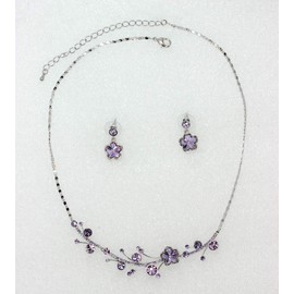 Faship Light Purple Violet Premium Rhinestone Crystal Floral Necklace Earrings Set - Violet