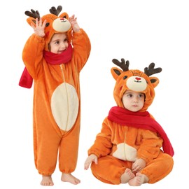 LOLANTA Unisex Baby Reindeer Costume, Toddler Hooded Animal Costume, Flannel Union Suit, orange