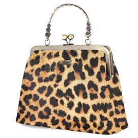 Abuyall Leopard Print Bag Vintage Purse Leather Kisslock Purses and Handbag for Women Small Vintage Top Handle Handbag Leopard-print