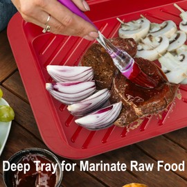 KAQAHIDO Grilling Deep Prep and Serve Trays, BBQ Platter for Raw Meat Marinating and Finished Cooked Food, Melamine Serving Tray, Set of 2, Cleaning Pack Included