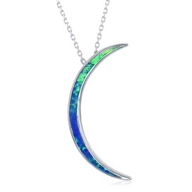 Sterling Silver Created Blue Opal Thin Crescent Moon Pendant 18" Chain/Necklace