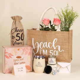JOLYKAKI 50th Birthday Gifts for Women, 50 Birthday Gifts Ideas for Her, 50 Years Old Gift Baskets, Best 50 Fabulous 1975 Birthday Gifts Basket for Mom Sister Friend Wife Daughter Coworker