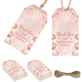 Serencatcher Rose Gold 60th Birthday Decorations for Women- 50pcs Thank You for Celebrating with Us Favor Gift Tags with String 1.9x3.5 Inches for Women 60th Birthday Anniversary Party Favors