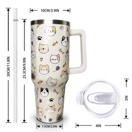 Aokoyi Cat Gifts Cup for Women Girls, 40oz Tumbler with Handle and Straw Lid, Stainless Steel Double Walled Insulated Mug Water Bottle, Cute Cats Lover Birthday Gift Idea