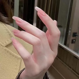 Ztcily Künstliche Nägel, mittellang, hellrosa, künstliche Nägel, French mit Kleber, Sarg, Acryl, für Damen, Mädchen, Geschenkidee für Weihnachten, Neujahr, Valentinstag, Hochzeit