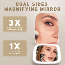 Rechargeable Travel Mirror with Lights 1X/3X Magnification, 3 Color Modes Mini Led Compact Travel Makeup Mirror with Lights for Purse,Travel Essentials Gifts for Girls Women - White