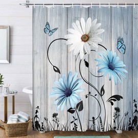 Cortina de ducha rústica con diseño floral, color verde azulado, margaritas, mariposas, viejo, tablón, rústico, juego de accesorios de baño de tela azul turquesa con ganchos, 36 x 72 pulgadas, azul
