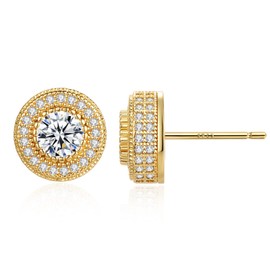 18K Gold Plated Earrings for Men Round Iced Out CZ Stud Earrings for Men and Women (Gold cylindrical stud)