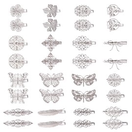 Cinaci 32 Pack/16 Pairs Small Metal Silver Retro Vintage Leaf Flower Butterfly Alligator Hair Clips Duckbill Mini Barrettes Decorative Tiny Hair Pins Accessories for Women Girls Fine Thin Short Hair