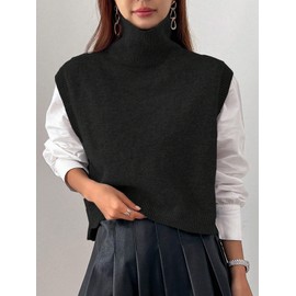 Naileksi Women Turtleneck Crop Sweater Vest Sleeveless High Neck Solid Loose Fit Knitted Causal Jumper Top Streetwear Black