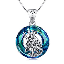 Twoowl Saint Christopher Necklace 925 Sterling Silver St. Christopher Blue Crystal Pendant Necklace Patron Necklace Protection Religious Jewelry Gifts Christmas Birthday for Women Men