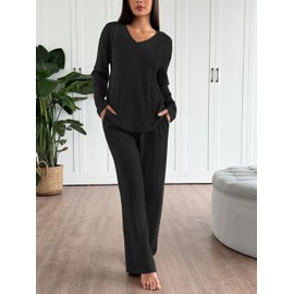 Ekouaer Women's Pyjamas Set Ribbed Knit Winter Pjs Set Lounge Set Long Sleeve Sleepwear with Warm Fluffy Fabric, Black L