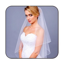 Latious 2 Tier Bride Wedding Veil Elbow Length Short Bridal Tulle Veils Ribbon Edge Veils with Comb for Brides and Women (White)