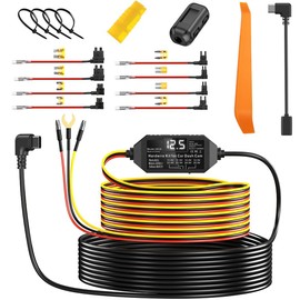 AUCARAUTO Dash Cam Acc Hardwire Kit with USB-C Right Angle Port & LED Voltmeter and 4 Adjustable Low Voltage Protection Switches, 11.5ft Multi-Size Hardwire Kit for Dash Camera 24H Parking Monitoring