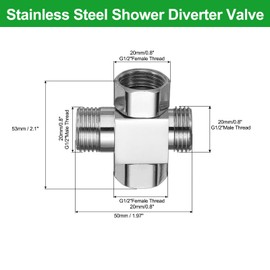 sourcing map G1/2" Shower Diverter Valve 4 Way, Stainless Steel Bidet Square Adapter Connector Hose Fitting Tee with PTFE Tape for Bidet Angle Valve Hose Toilet Faucet, （50mm,Silver