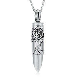 XSMZB Bullet Cremation Ashes Jewelry Tree of Life Keepsake Urn Necklace for Ashes Stainless Steel Memorial Pendant for Women Men(Silver)