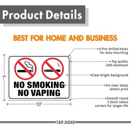 No Smoking No Vaping Sign - 2 Pack - 10 x 7 Inches Rust Free .040 Aluminum - UV Protected, Waterproof, Weatherproof and Fade Resistant - 4 Pre-Drilled Holes
