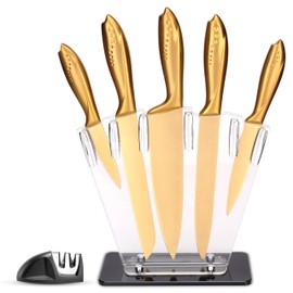 Hollory Kitchen Knife Set,7 Pieces Stainless Steel Kitchen Knife Set with Clear Acrylic Block and Sharpener,Non-Stick Kitchen Knife for Cutting of Meat Vegetables and Fruits-Gold